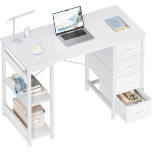 40 Inch Small White Computer Desk with 4 Fabric Drawers, Modern Office Desk for Home Office Gaming with Storage Study
