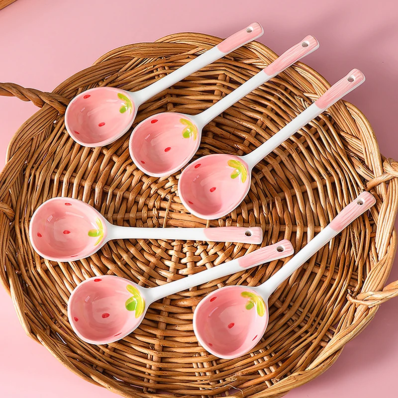 1Pc Cute Strawberry Ceramic Soup Spoon Ice Cream Hand Painted Coffee Dessert Long Handle Spoon Kitchen Tableware Accessories - Image 5