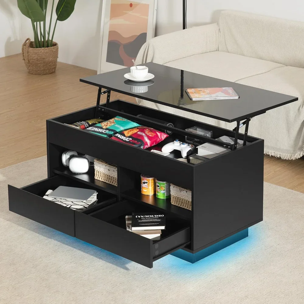 LED Coffee Table Morden with High Gloss Black Lift Top DiningTable with Hidden Storage Living Room 4Tiers TeaTable Center Tables - Image 6