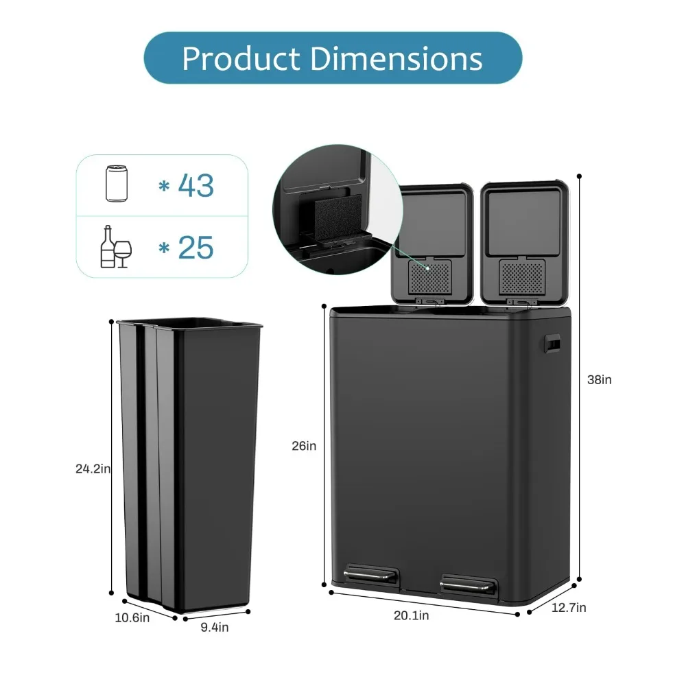 16 Gal (2 x 30 L) Dual Trash Can, Stainless Steel Kitchen Garbage Bin, Recycle Dustbin with Odor Control Box, Soft-Close Lid - Image 2