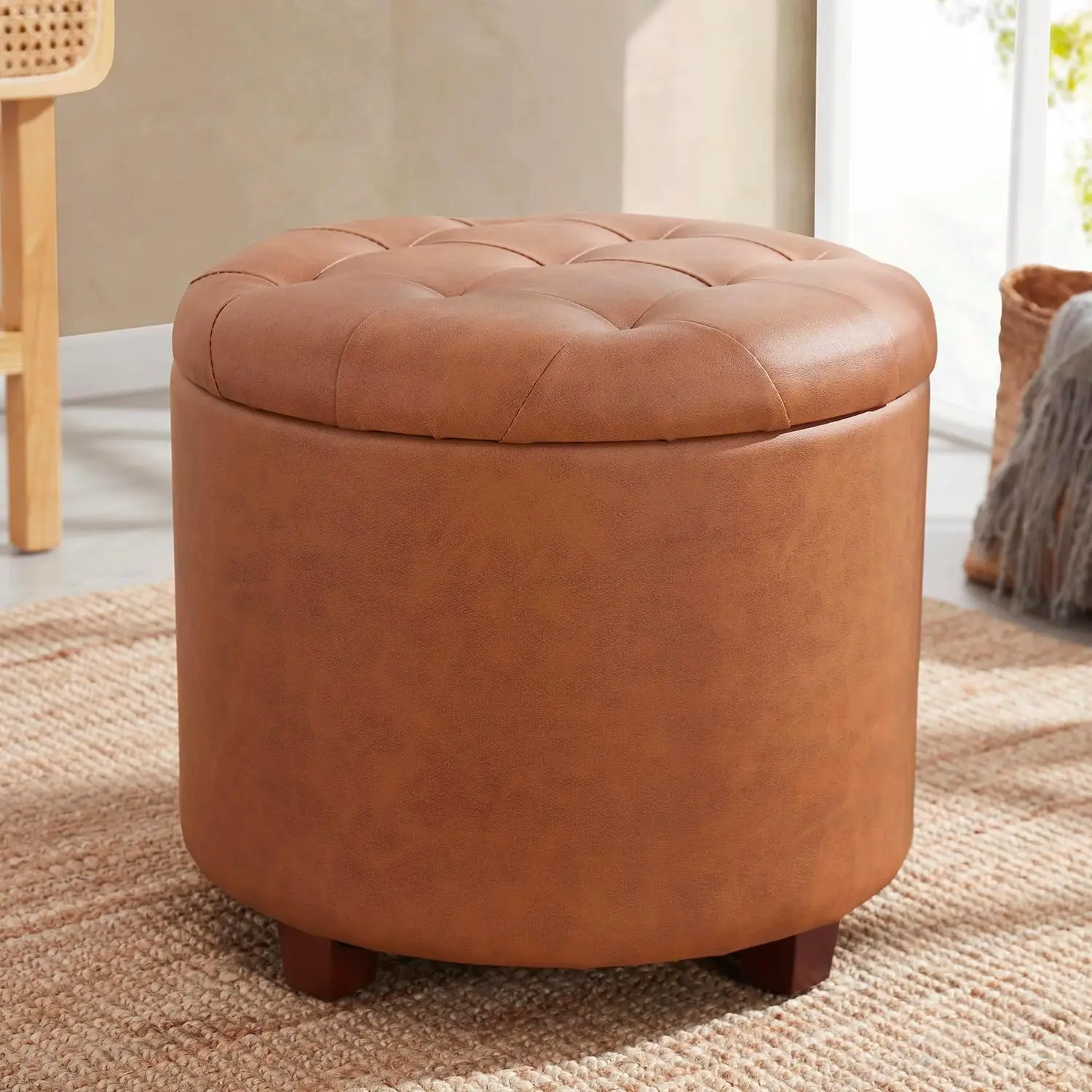 Decor Round Ottoman with Storage, Round Vanity Chair Stool Ottoman Pouf with Storage for Living Room and Bedroom - Image 8