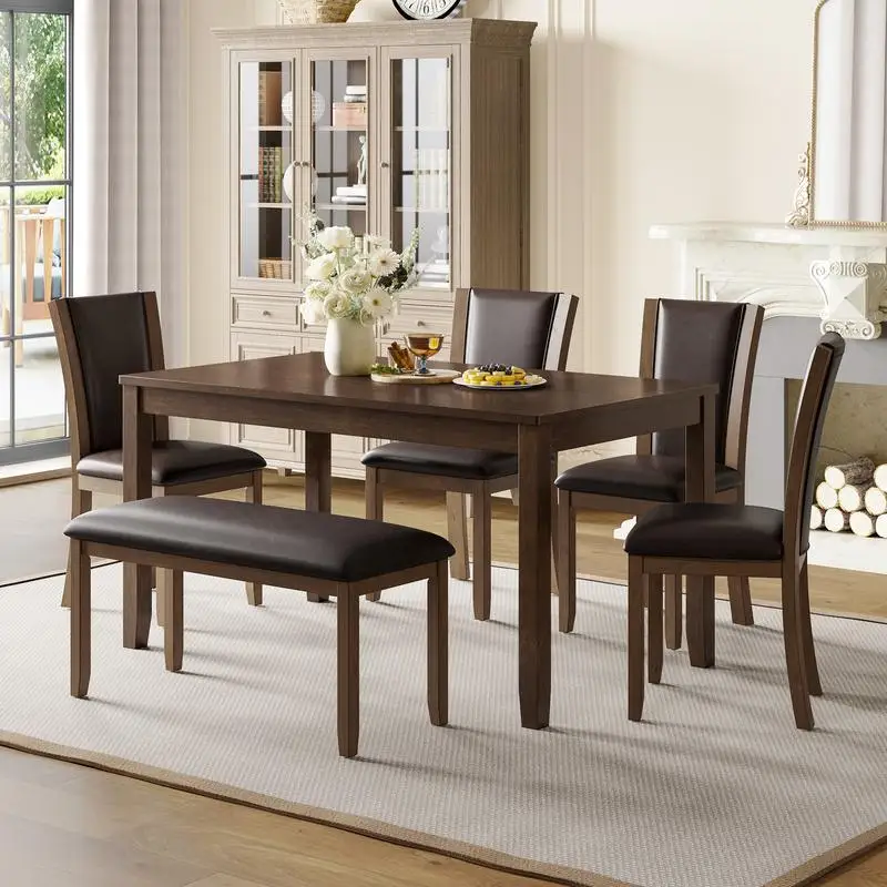 6-Piece Dining Table Set with Bench and Chairs, Wooden Farmhouse Style Dining Set for 6 People, Dark Walnut Finish for Dining - Image 2