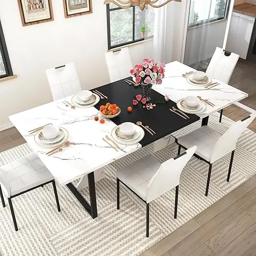 7-Piece Dining Set for 4-6 People: Large 71 Wooden Kitchen Table with 6 Chairs (White and Black) - Image 7