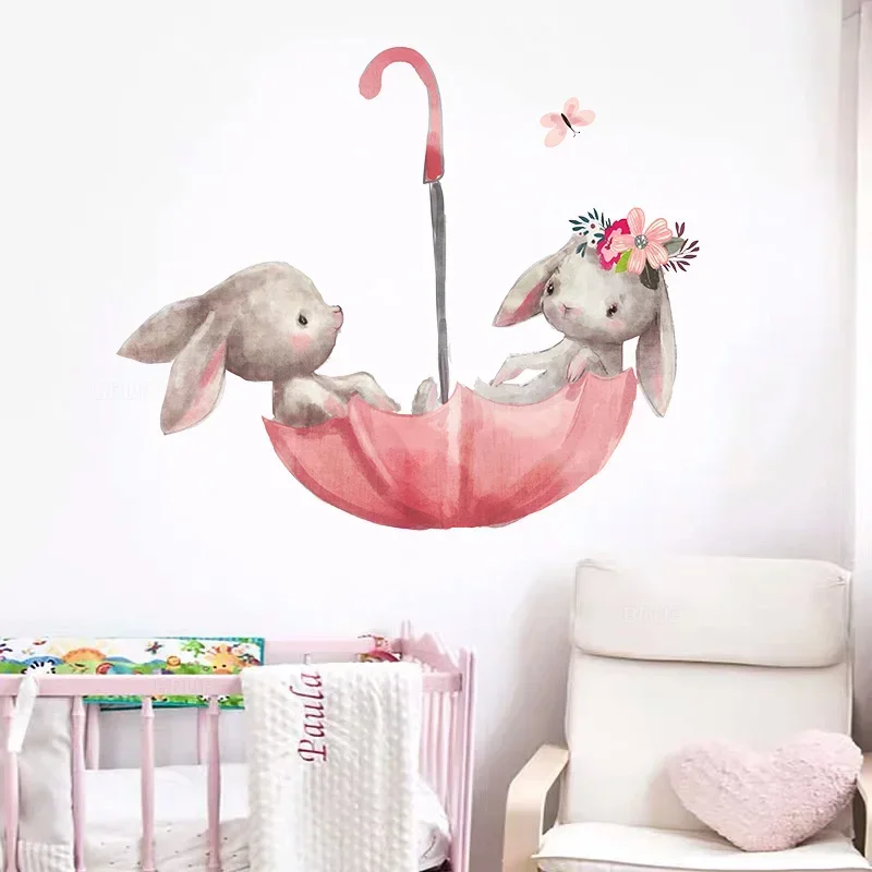 Cartoon Wall Stickers Pink Umbrella Butterfly Bunny in Love for Kids Room Baby Nursery Wall Decals for Girl Room Baby Shower PVC - Image 5