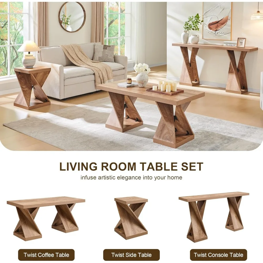 Modern Coffee Table, 48" Twisted Center Table with Wood Thickened Pedestal, Rectangular Rustic Living Room Table, Farmhouse Sto - Image 6