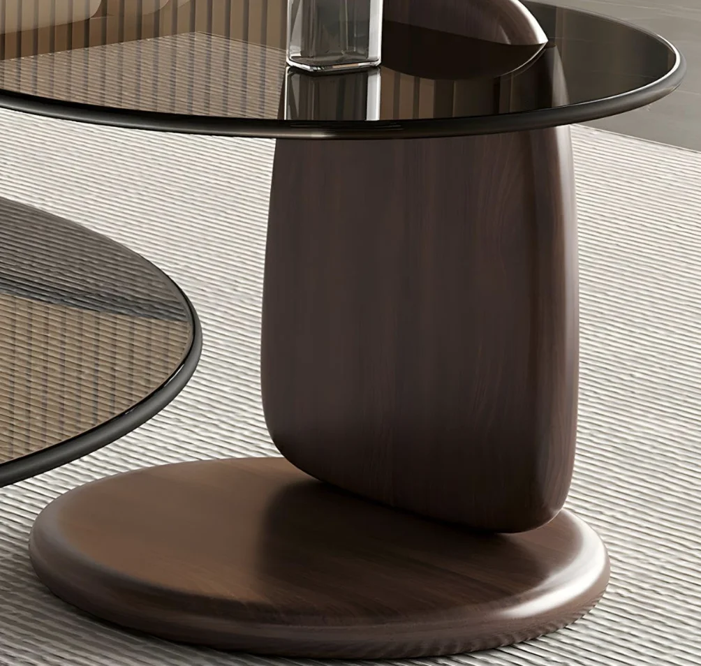 Glass Round Coffee Table Nesting Table Set of 2, Rustic Low Coffee Table Modern Center Table with Wood Base, Brown Glass Accent - Image 5