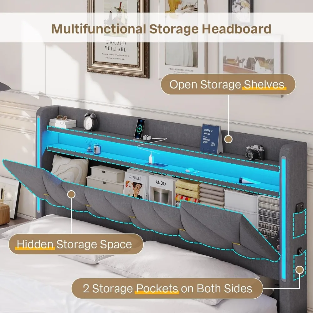 Queen Bed Frame with Headboard, Platform Bed Frame Queen Size with LED Lights & Charging Station, Upholstered Bed Frames with St - Image 3