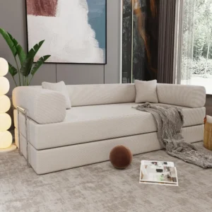 78.7" Modern Corduroy Loveseat Sofa Bed with 2 Toss Pillows, Convertible Lazy Floor Sleeper Sofa Couch with High-Density Sponge