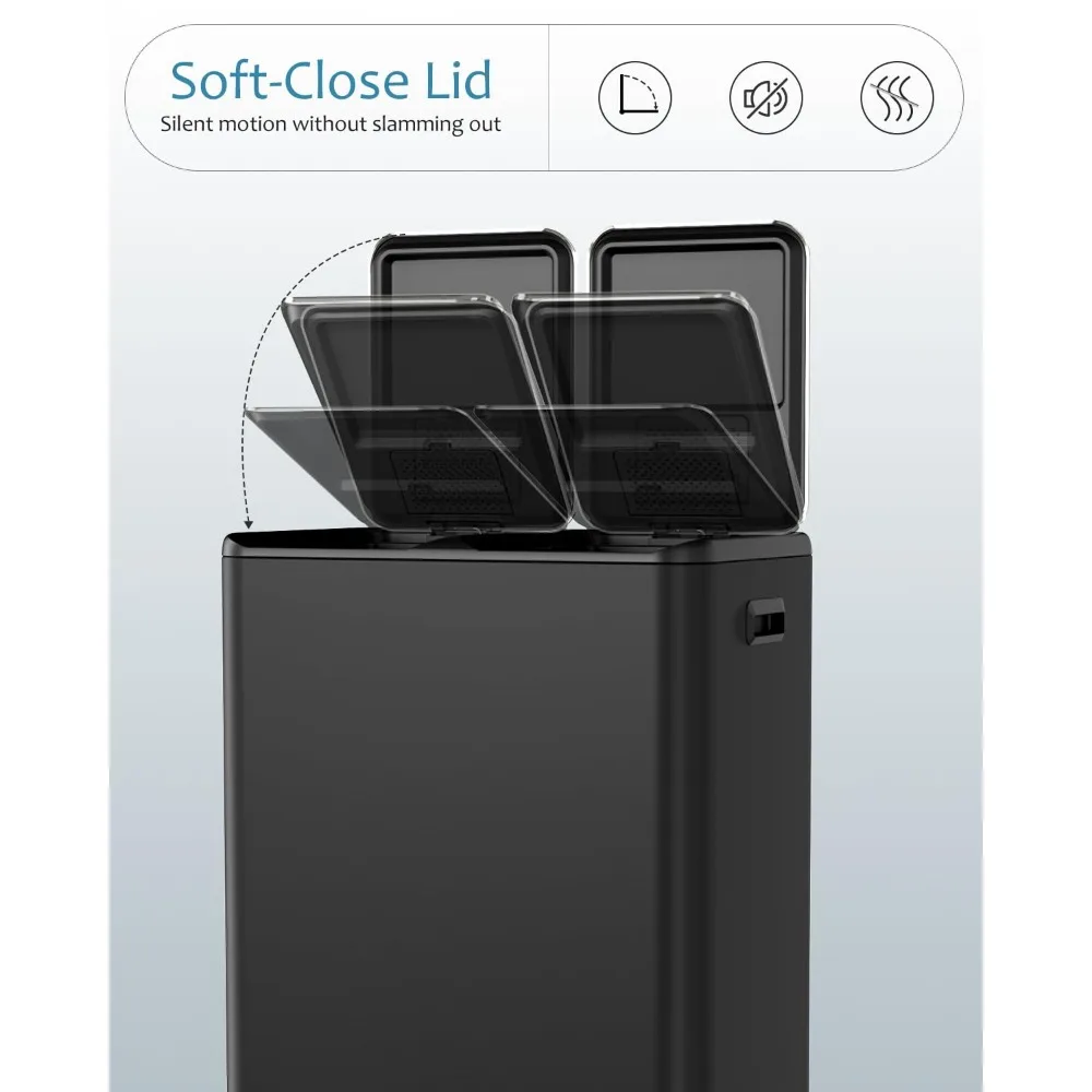 16 Gal (2 x 30 L) Dual Trash Can, Stainless Steel Kitchen Garbage Bin, Recycle Dustbin with Odor Control Box, Soft-Close Lid - Image 4