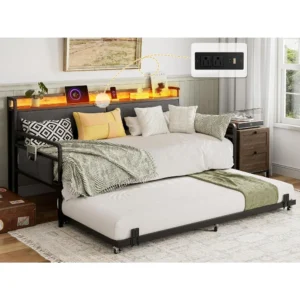 Twin XL Daybed with Trundle, Storage Headboard, Upholstered Sofa Bed Frame, LED Lights, and Charging Station