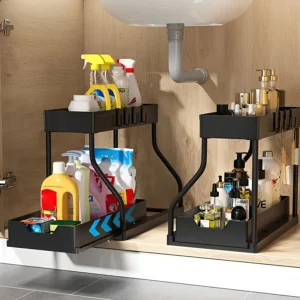 [Kitchen Organizer] 2 Tier Black Under Sink Storage Rack, L-Shape Pull-Out Cabinet Shelf, Durable Plastic, Space Saving