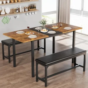 VECELO 3-Piece Extendable Kitchen Table Set with Benches/Chairs, Modern Dinette for 4-6 People, Ideal for Small Spaces