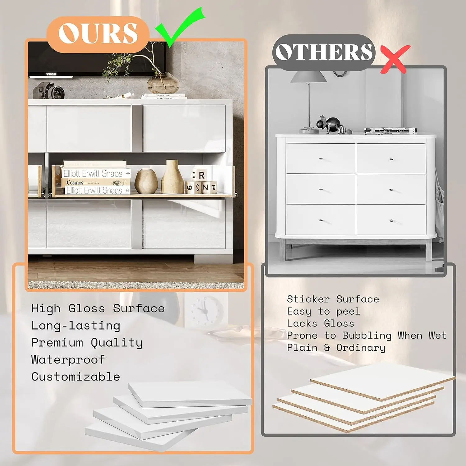 Modern 54" Wide High Gloss Dresser with 6 Drawers, Silver Grooved Handle, Contemporary Storage Chest for Bedroom - Image 5