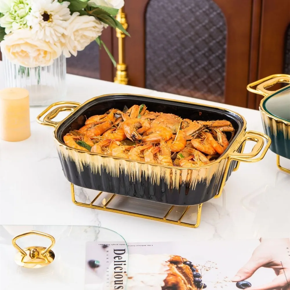 3 Piece Set Ceramic Chafing Dishes Buffet Set, Luxury Black Ceramics Chafer with Gold Trim, Chafer and Buffet Warmer Set for Buf - Image 3