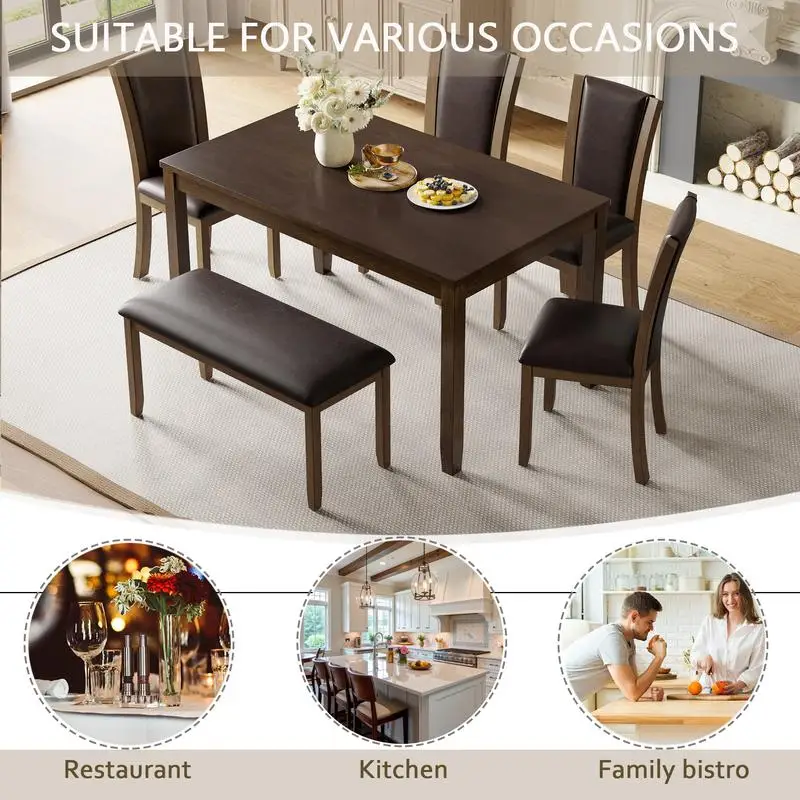 6-Piece Dining Table Set with Bench and Chairs, Wooden Farmhouse Style Dining Set for 6 People, Dark Walnut Finish for Dining - Image 3
