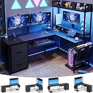 L Shaped Gaming Desk with Keyboard Tray, Reversible Computer Desk with Power Outlet, Corner Home Office Desks, Mobile File Cabin - Image 7