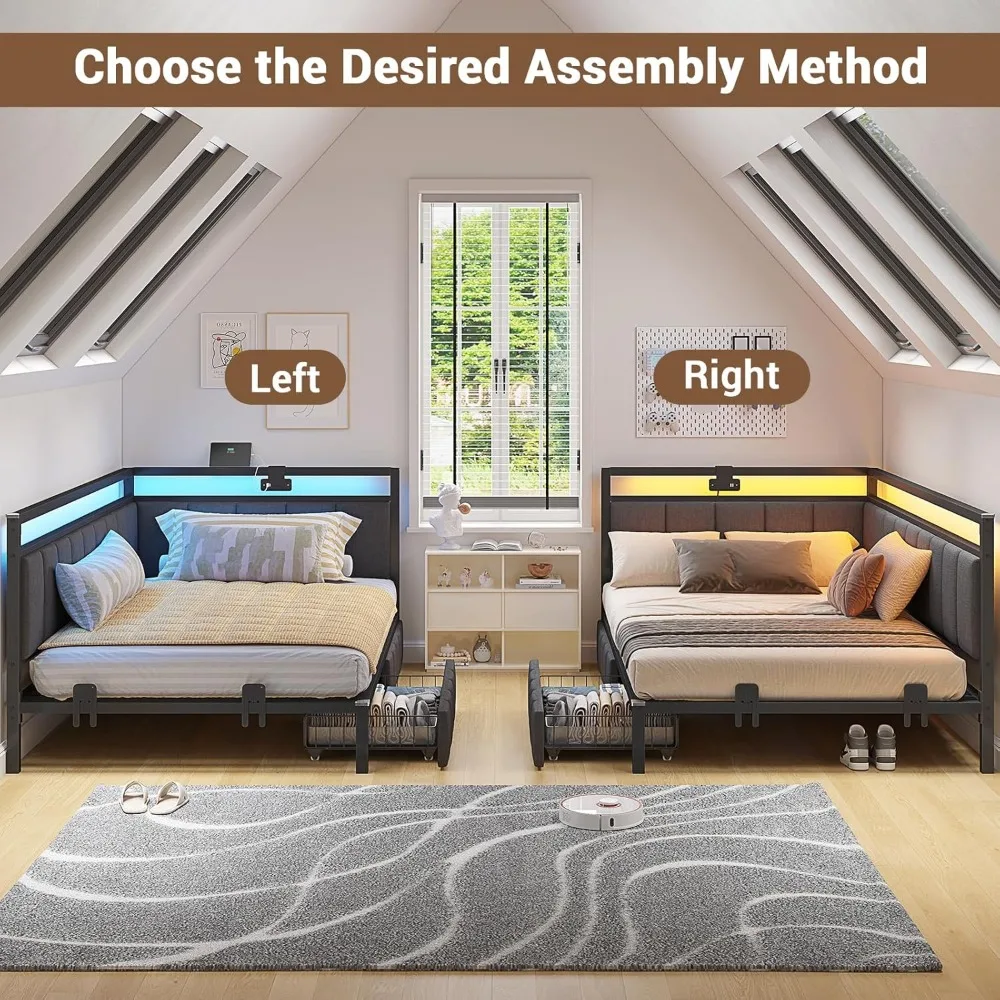 Twin Size Corner Bed Frame with Storage, Daybed with Linen Upholstered Backrest, Children's Bed with LED Lighting - Image 4