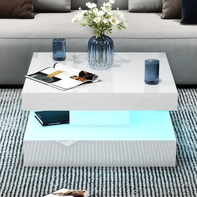 LED Coffee Table with 2 Storage Drawers for Living Room Square Center Middle Table Modern Cocktail Table with Light - Image 15