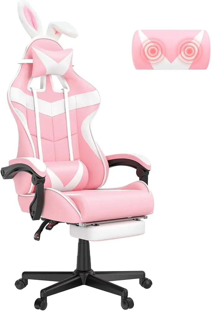 Pink Gaming Chair with Footrest,Lovely Cute Bunny Computer Gamer Chair,Kawaii Desk Chair for Granddaughter,Sister,Girlfri