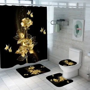Gold Rose Black Bathroom Set Luxury Shower Curtain with Bath Mat Rug Carpet for Toilet Decor Accessories Shower Curtain Set 4pcs