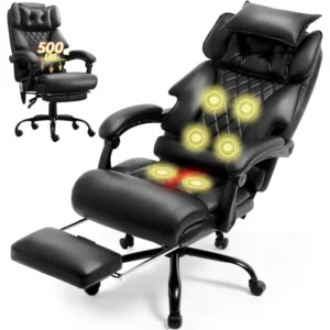 Massage Office Chair with Foot Rest,6 Points Vibration & Heat Executive Office Chairs,Big and Tall Leather Office Chair 500LBS,E