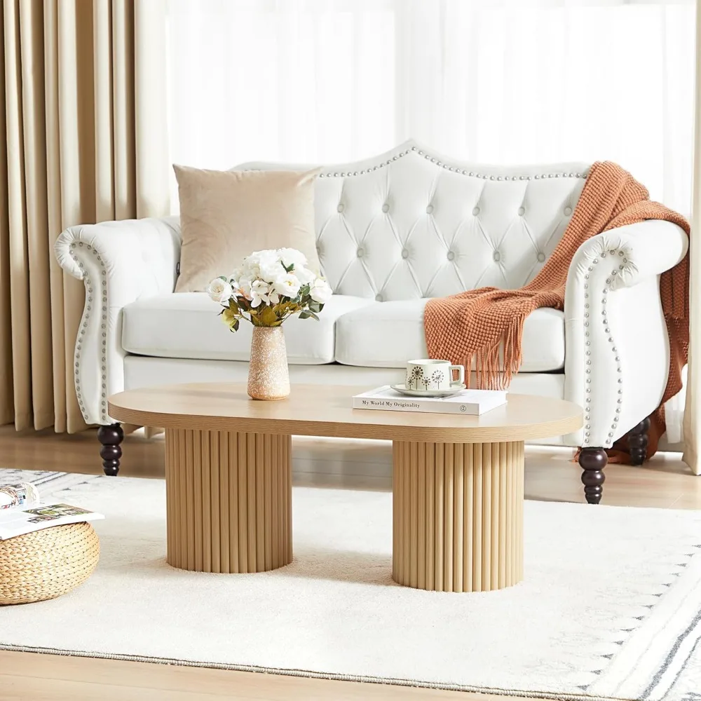 Fluted Oval Coffee Table for Living Room, Boho Modern Coffee Table with Fluted Legs, Curved Round Wood Center Table for Home, S - Image 3