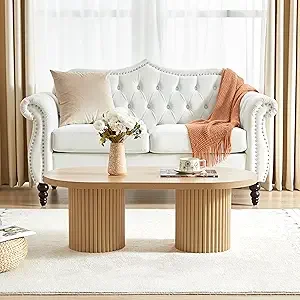 Fluted Oval Coffee Table for Living Room, Boho Modern Coffee Table with Fluted Legs, Curved Round Wood Center Table for Home, S - Image 8