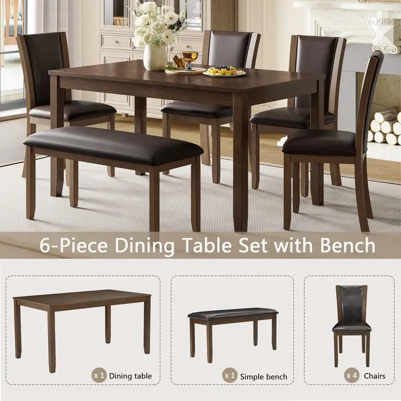 6-Piece Dining Table Set with Bench and Chairs, Wooden Farmhouse Style Dining Set for 6 People, Dark Walnut Finish for Dining - Image 6