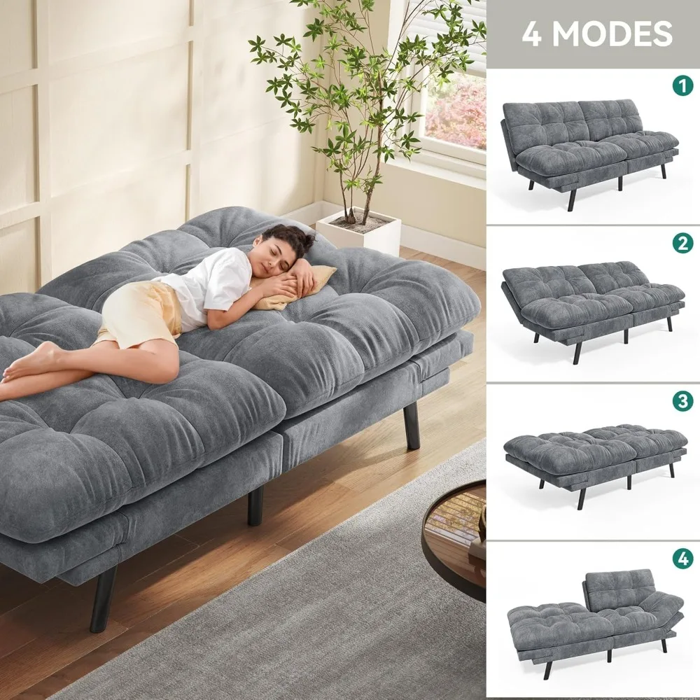 Convertible Futon Sofa Bed with Cat-Scratch-Proof Fabric, Adjustable Backrest and Armrest, Modern Loveseat Sleeper Couch - Image 3