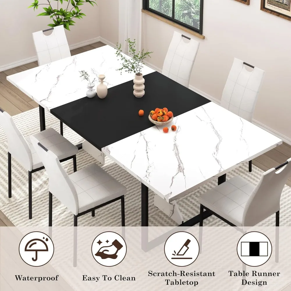 7-Piece Dining Set for 4-6 People: Large 71 Wooden Kitchen Table with 6 Chairs (White and Black) - Image 2