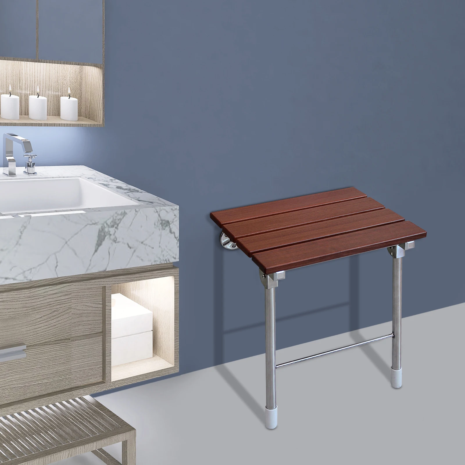 Wooden Wall Mounted Shower Chair, Folding Bathroom Shower Seat, Home & Hotel Furniture, Shoe Bench - 160kg Capacity, 38*31*44cm - Image 5