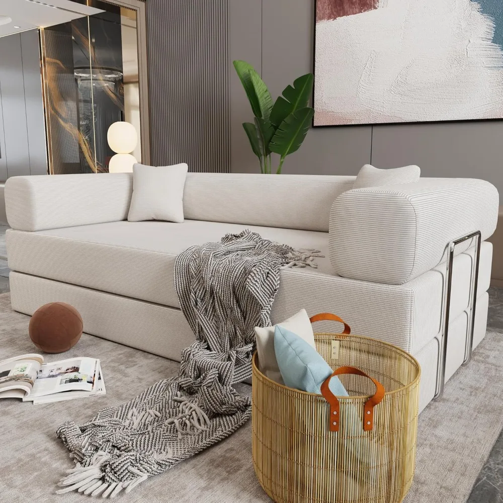 78.7" Modern Corduroy Loveseat Sofa Bed with 2 Toss Pillows, Convertible Lazy Floor Sleeper Sofa Couch with High-Density Sponge - Image 2