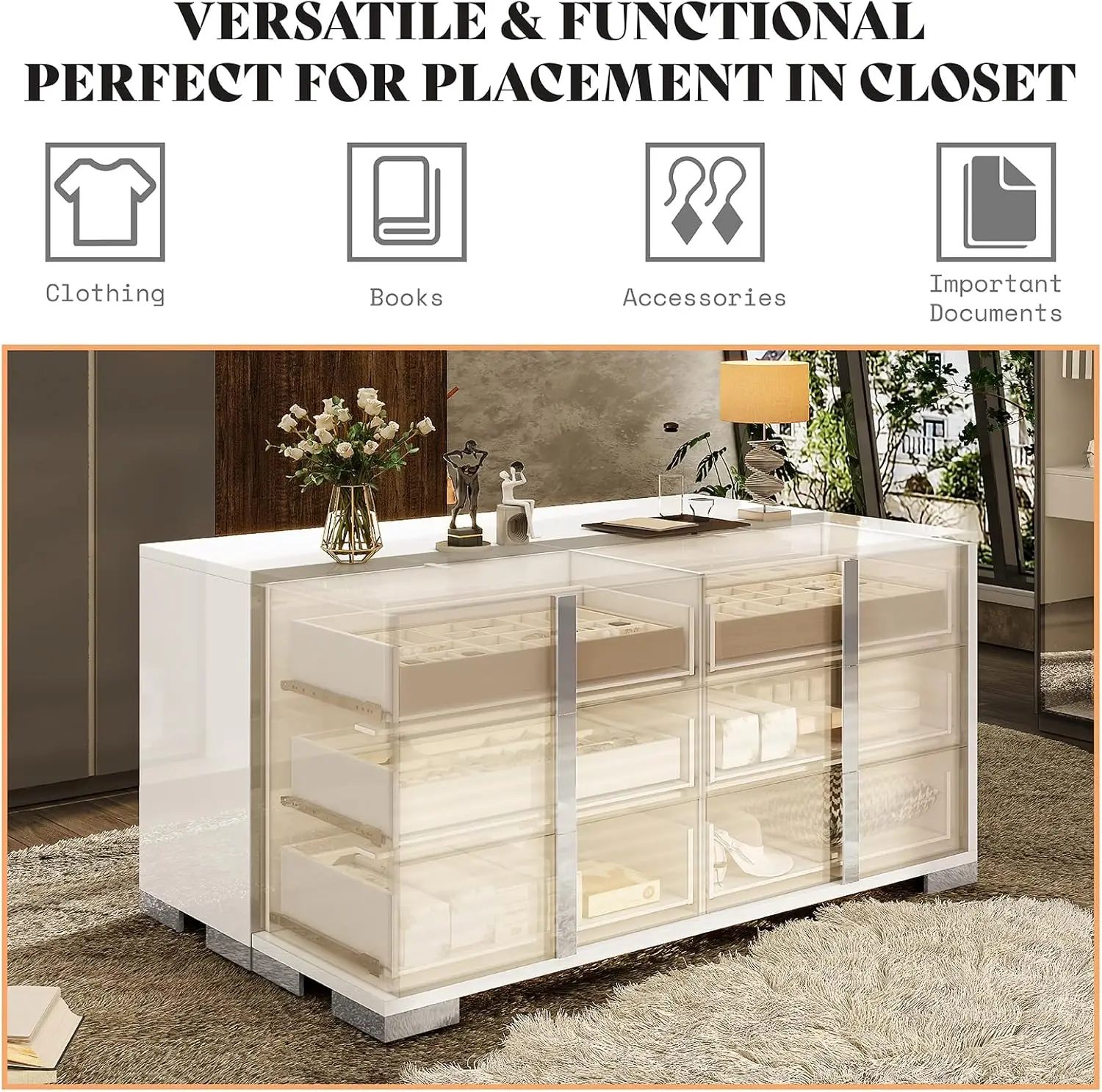 Modern 54" Wide High Gloss Dresser with 6 Drawers, Silver Grooved Handle, Contemporary Storage Chest for Bedroom - Image 4