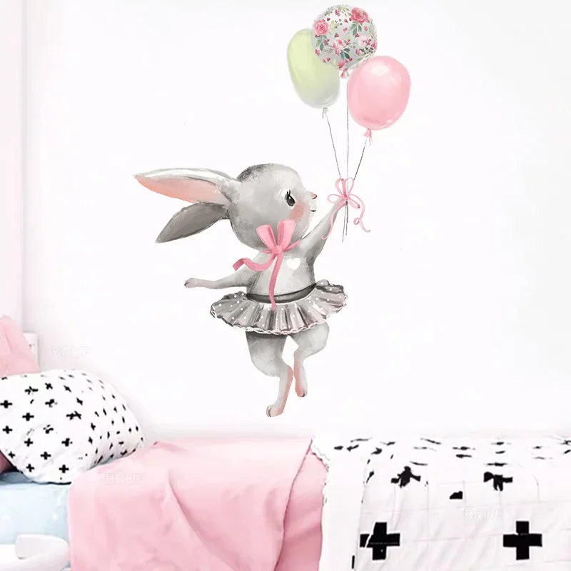 Cartoon Wall Stickers Pink Umbrella Butterfly Bunny in Love for Kids Room Baby Nursery Wall Decals for Girl Room Baby Shower PVC - Image 6