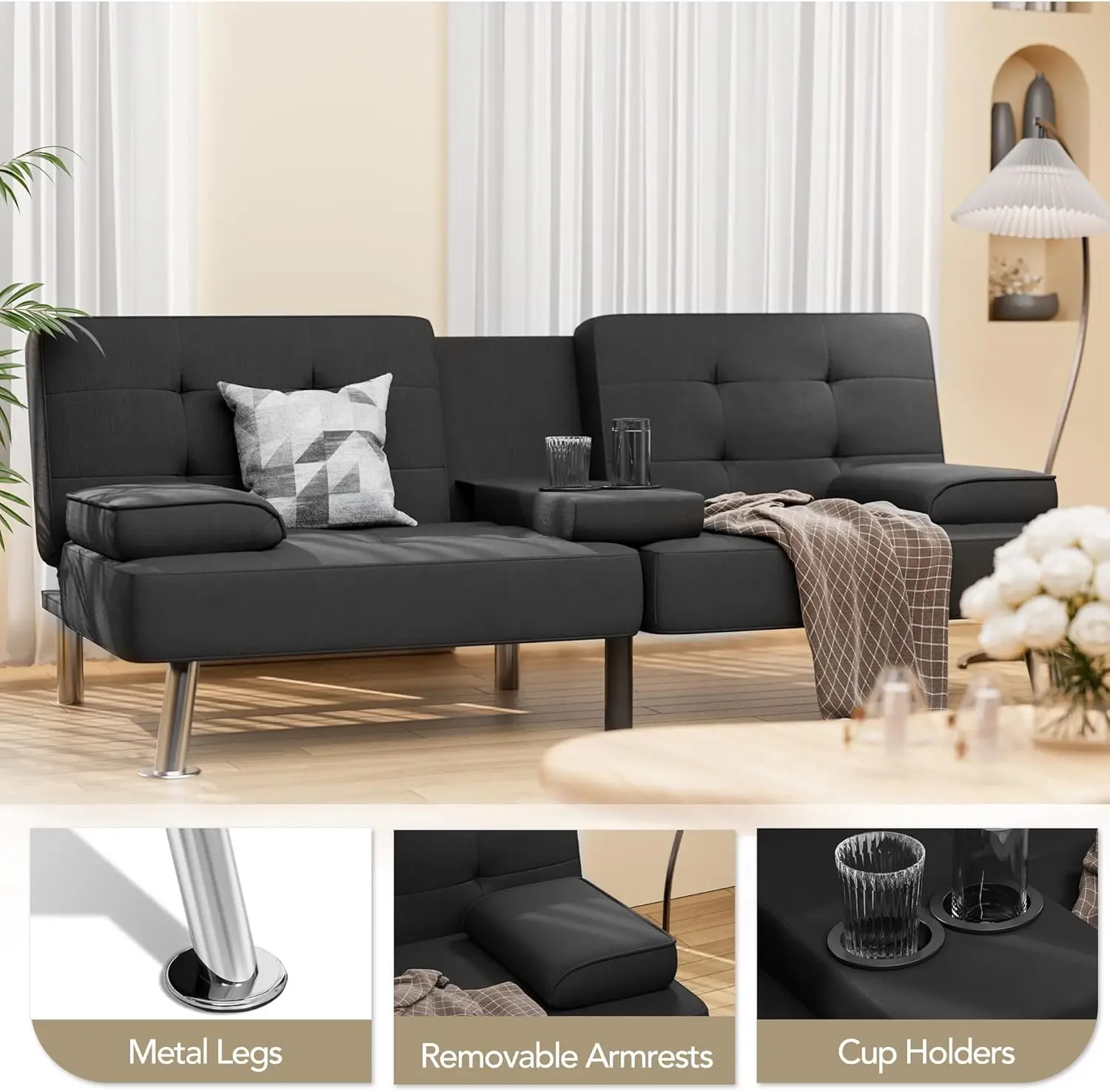 Modern Linen Upholstered Convertible Folding Futon Sofa Bed with Removable Armrests, Metal Legs, 2 Cup Holders for Living Room - Image 3