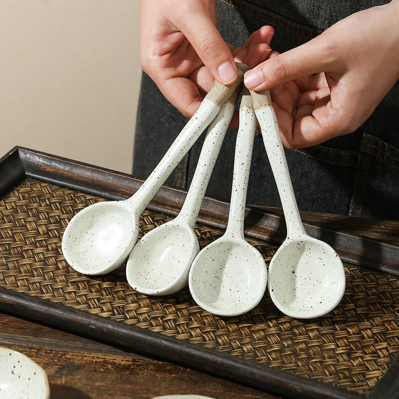 Bright Sesame Japanese-style Spoon Creamic Long Handle Soup Spoon retro Coarse Pottery Spoons Kitchen Restaurant Table Service - Image 2