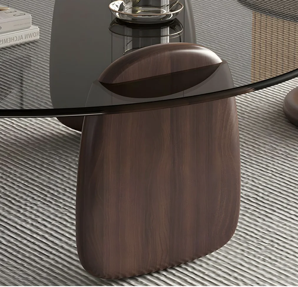 Glass Round Coffee Table Nesting Table Set of 2, Rustic Low Coffee Table Modern Center Table with Wood Base, Brown Glass Accent - Image 4