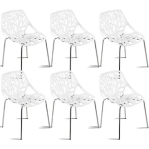 Set of 6 Modern Dining Chairs w/Plastic Feet Pads Stackable Chair Geometric Style Furniture Dining Side Chairs (6 Packs, White)