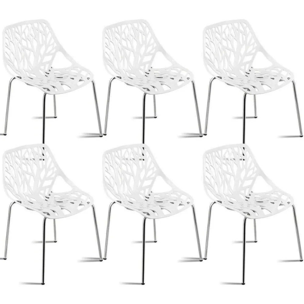 Set of 6 Modern Dining Chairs w/Plastic Feet Pads Stackable Chair Geometric Style Furniture Dining Side Chairs (6 Packs, White)