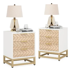 Tribesigns 3 Drawers Nightstand Set of 2, Modern Bedside Table with Unique Chevron Design, White End Side Table Night Stands