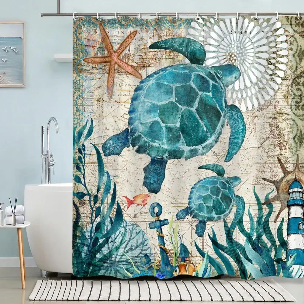 Turtle Shower Curtain Summer Beach Anchor Nautical Starfish Watercolour Art Creative Polyester Shower Curtains Bathroom Decor - Image 10