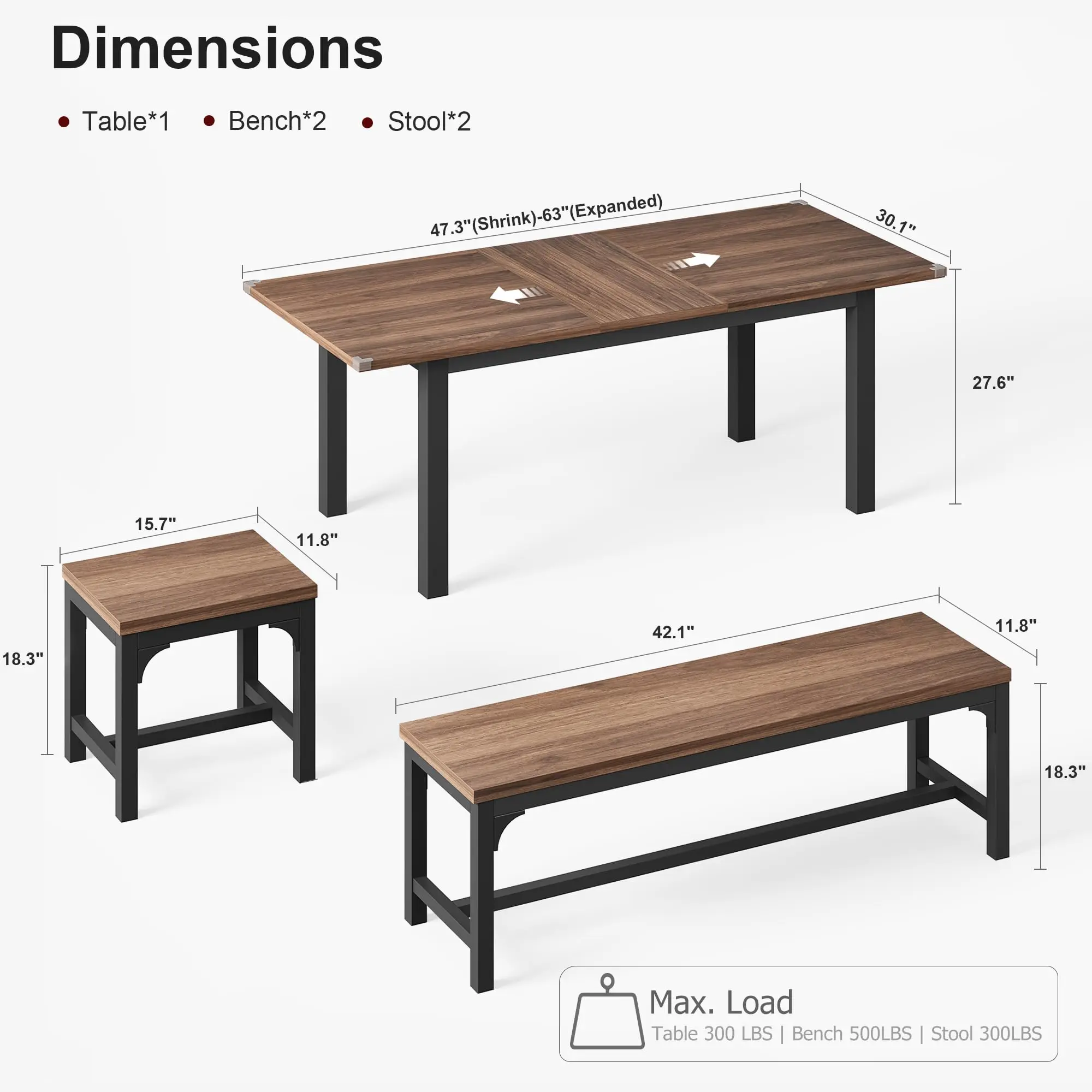 Extendable Dining Table for 4-8, Rectangular Wood Kitchen Table with Strong Metal Frame, Industrial Long Dining Room Table - Image 6