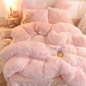 Solid Color Fluffy Long Plush Winter Bedding Set with Throw Pillow Queen Size Thick Warm Duvet Cover Set Soft Double Bed Sets