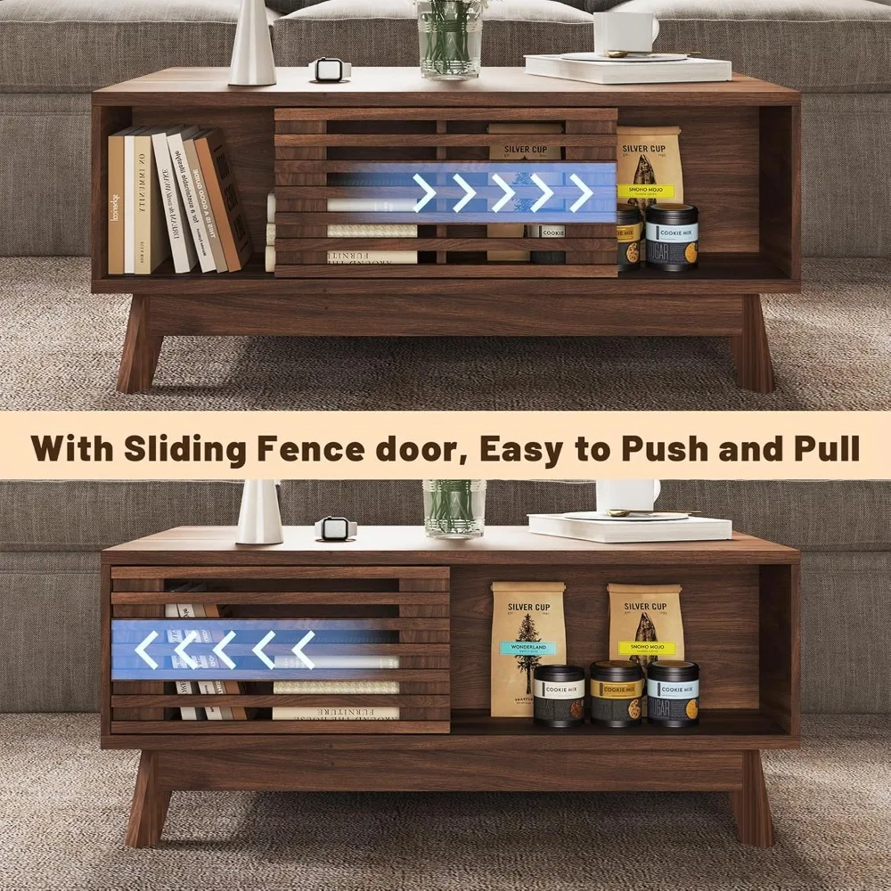 Lift Top Coffee Table with Storage, Mid Century Modern Design, Walnut Finish, 35.4 Inch Rectangular Fluted Table - Image 4