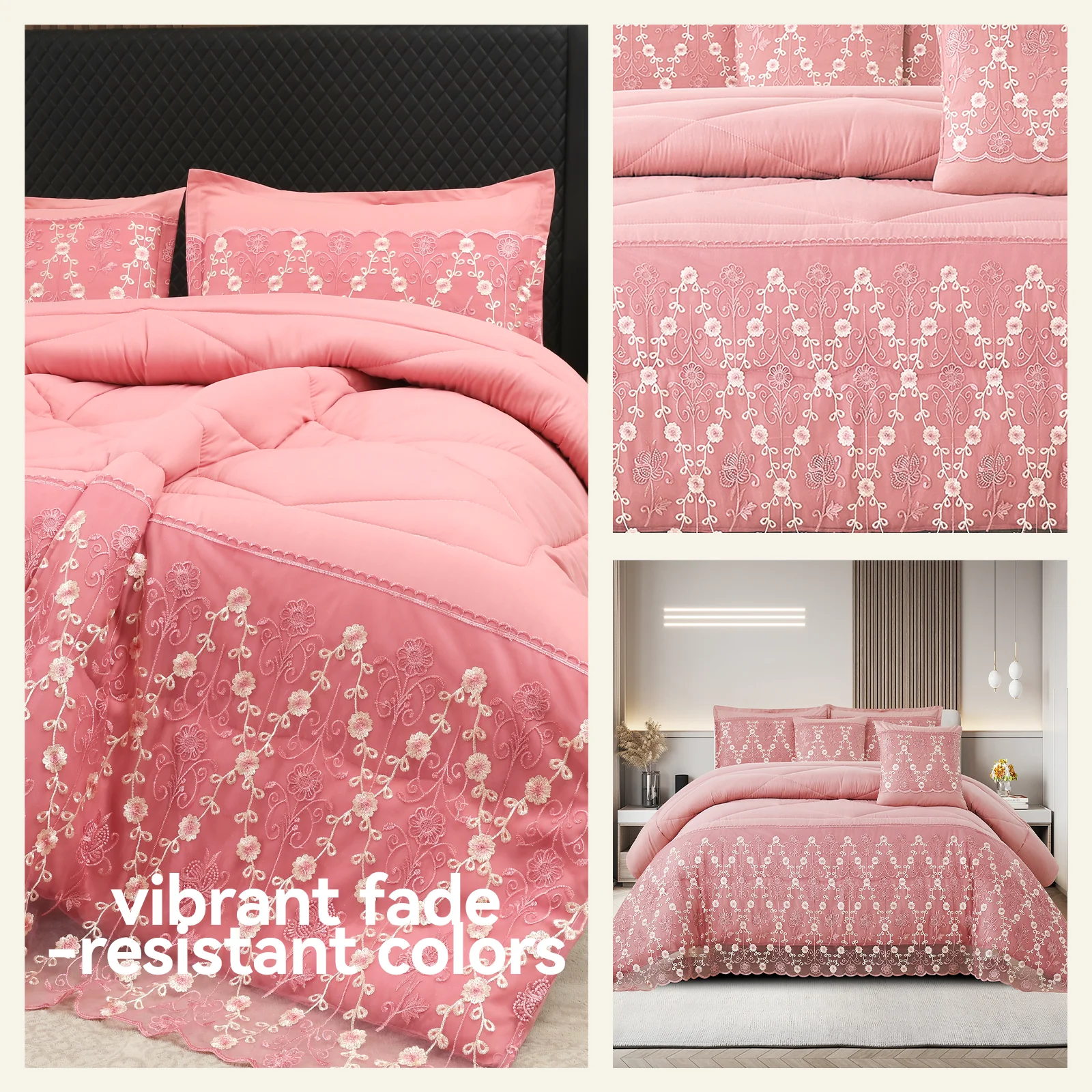 Lace Floral Comforter Set 3-Piece, Machine Washable, Soft & Breathable, All-Season Lightweight Bedding for Bedroom/Guest Room - Image 3