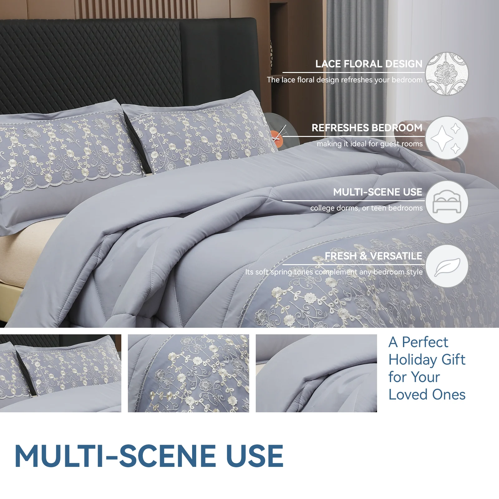 Lace Floral Comforter Set 3-Piece, Machine Washable, Soft & Breathable, All-Season Lightweight Bedding for Bedroom/Guest Room - Image 8