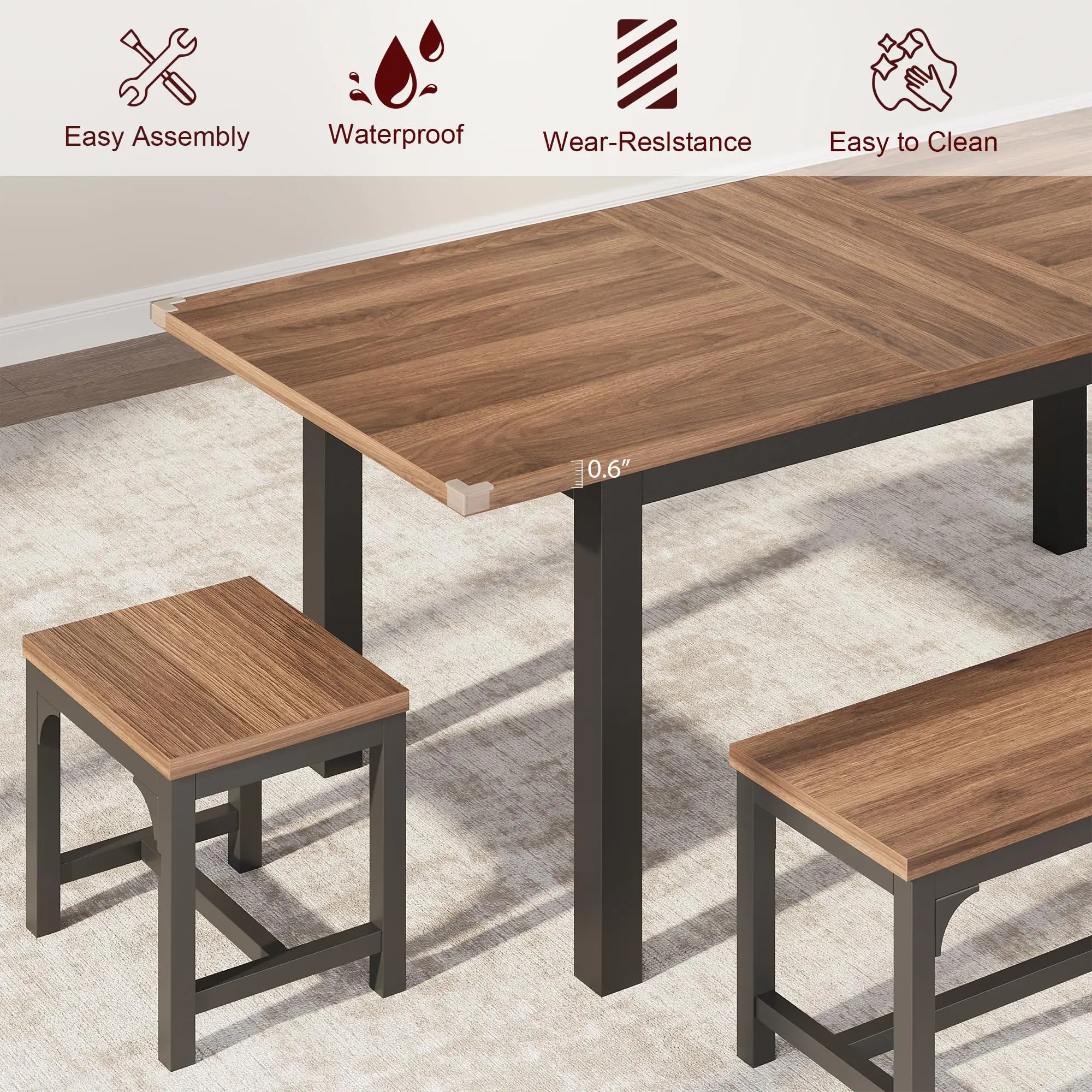 Extendable Dining Table for 4-8, Rectangular Wood Kitchen Table with Strong Metal Frame, Industrial Long Dining Room Table - Image 4
