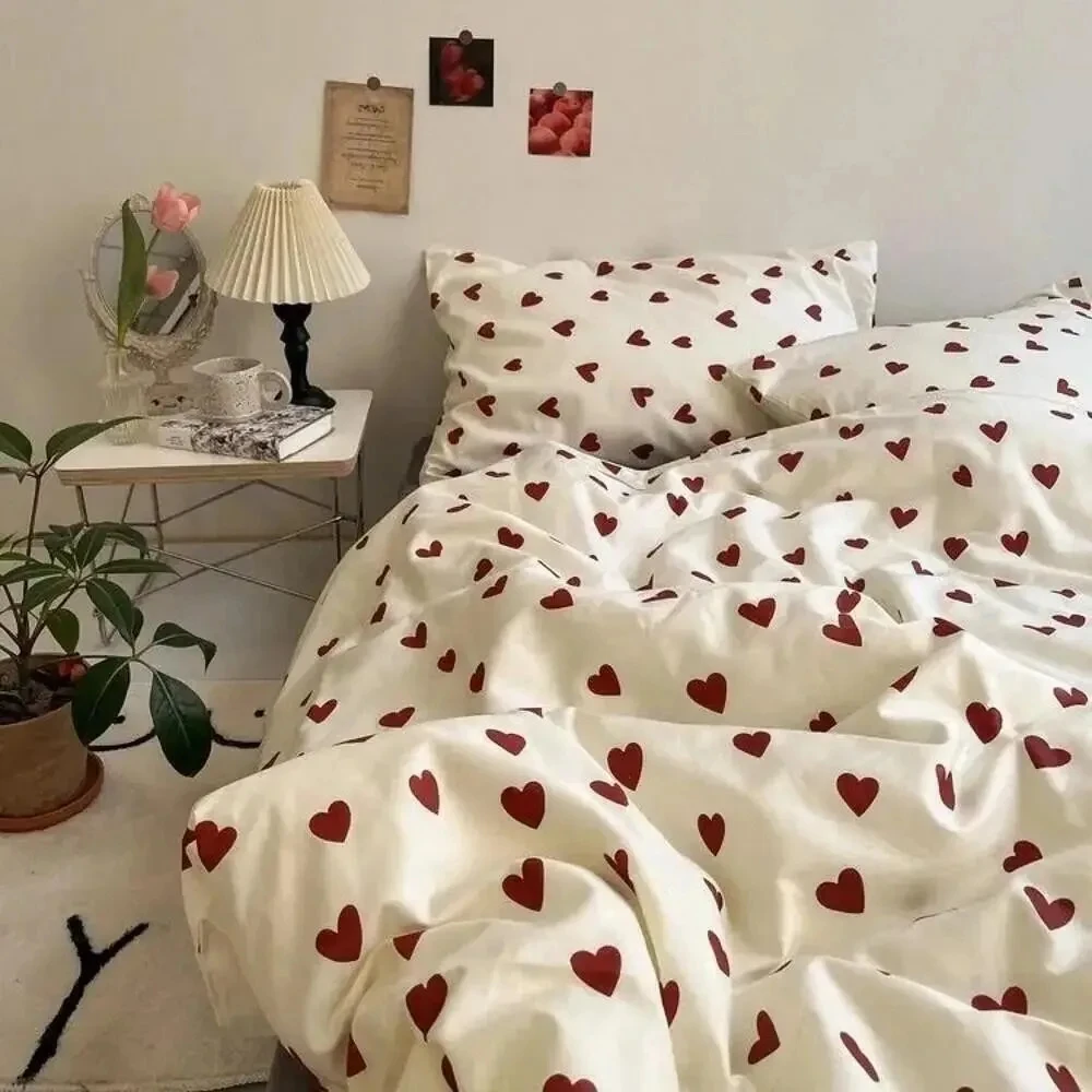 Korean Style Bedding Set Kid Adult Twin Full Queen Size Bed Flat Sheet Set Pillowcase Bed Linen Love Heart Duvet Cover - Image 2