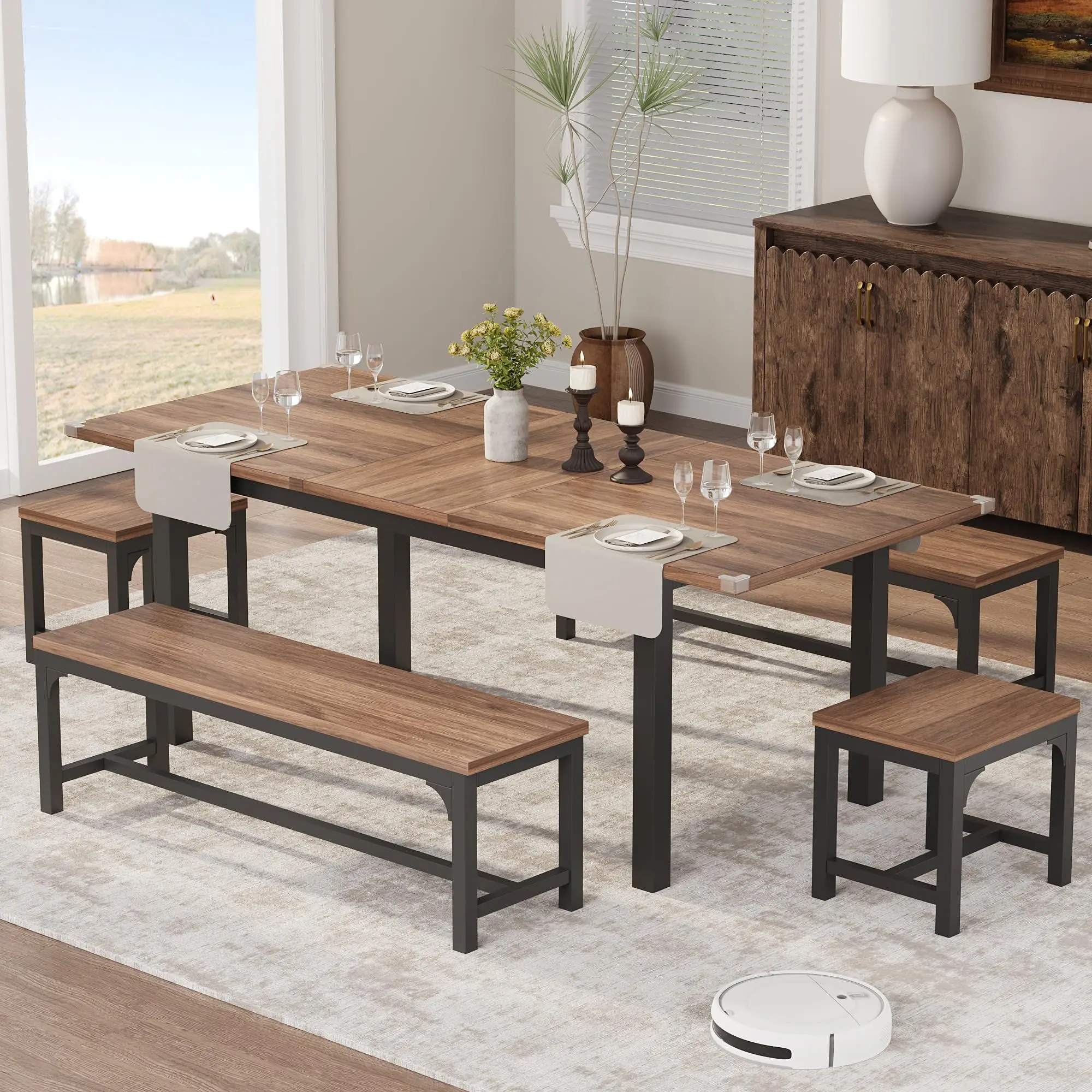 Extendable Dining Table for 4-8, Rectangular Wood Kitchen Table with Strong Metal Frame, Industrial Long Dining Room Table - Image 2