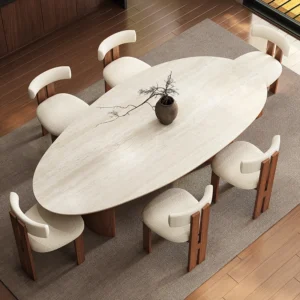 Beige Travertine Teardrop Table, Wabi-Sabi Mid-Century Dining Table with Walnut Base, Scratch & Stain Resistant, Customizable